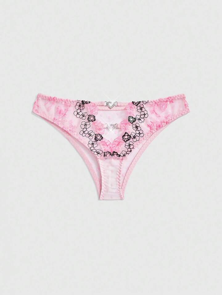 Kawaii Delicate Embroidered Floral & Heart Metallic Shiny Mesh Women's Panties