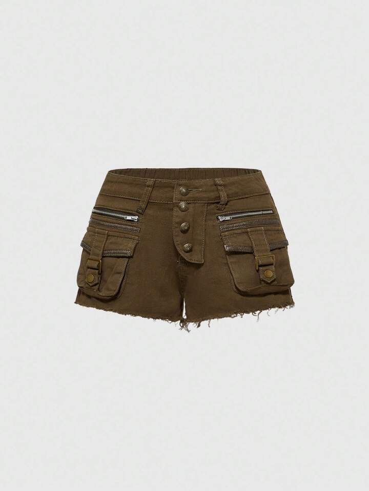 Hippie Plus Size Y2K Retro Patchwork PU Women Low Waist Brown Denim Shorts