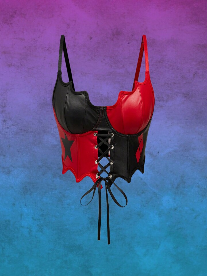 Harley Quinn | ROMWE Women's Punk Star, Diamond, Square Print Asymmetric Hem Faux Leather Patchwork Crop Cami Top