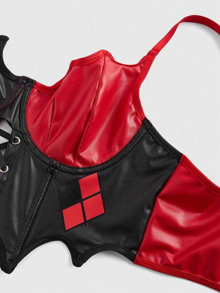 Harley Quinn | ROMWE Women's Punk Star, Diamond, Square Print Asymmetric Hem Faux Leather Patchwork Crop Cami Top 4 Harley Quinn | ROMWE Women's Punk Star, Diamond, Square Print Asymmetric Hem Faux Leather Patchwork Crop Cami Top