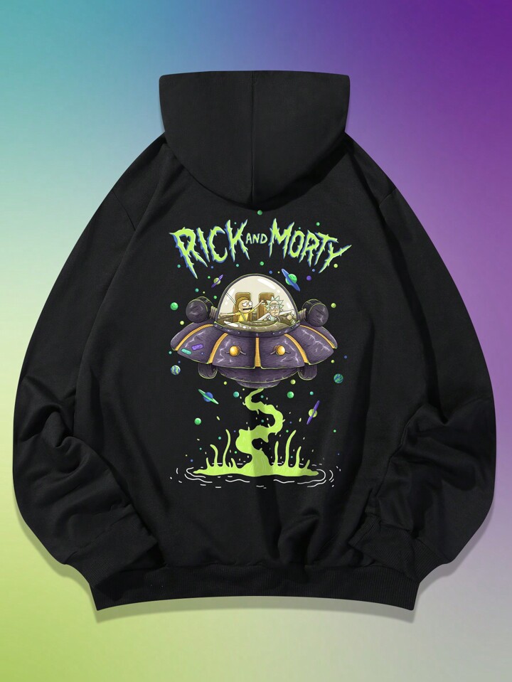 Rick and Morty | ROMWE Men Letter Graphic Drawstring Hoodie, School , Fall, Long Sleeve Top