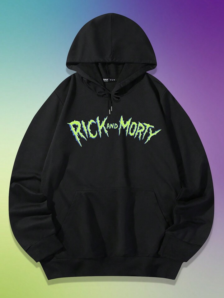 Rick and Morty | ROMWE Men Letter Graphic Drawstring Hoodie, School , Fall, Long Sleeve Top