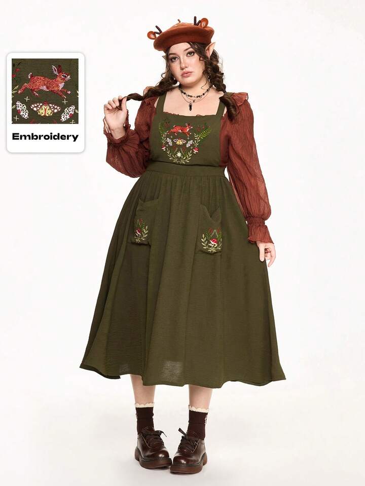 Fairycore Plus Size Sleeveless Square Neck Cute Rabbit Embroidery Waist Pocket Dress