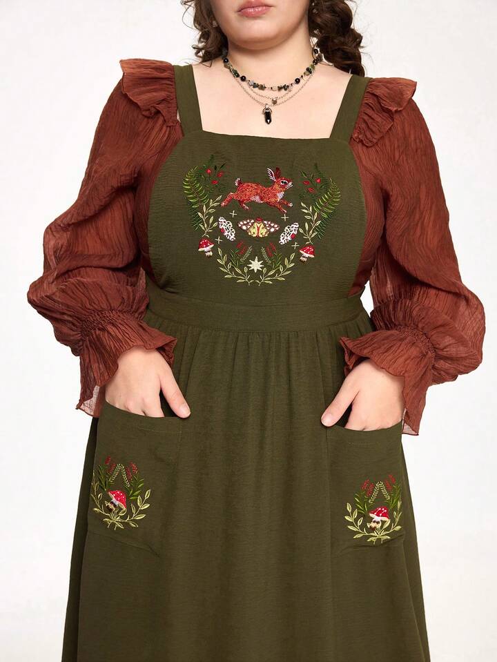 Fairycore Plus Size Sleeveless Square Neck Cute Rabbit Embroidery Waist Pocket Dress 2 Fairycore Plus Size Sleeveless Square Neck Cute Rabbit Embroidery Waist Pocket Dress