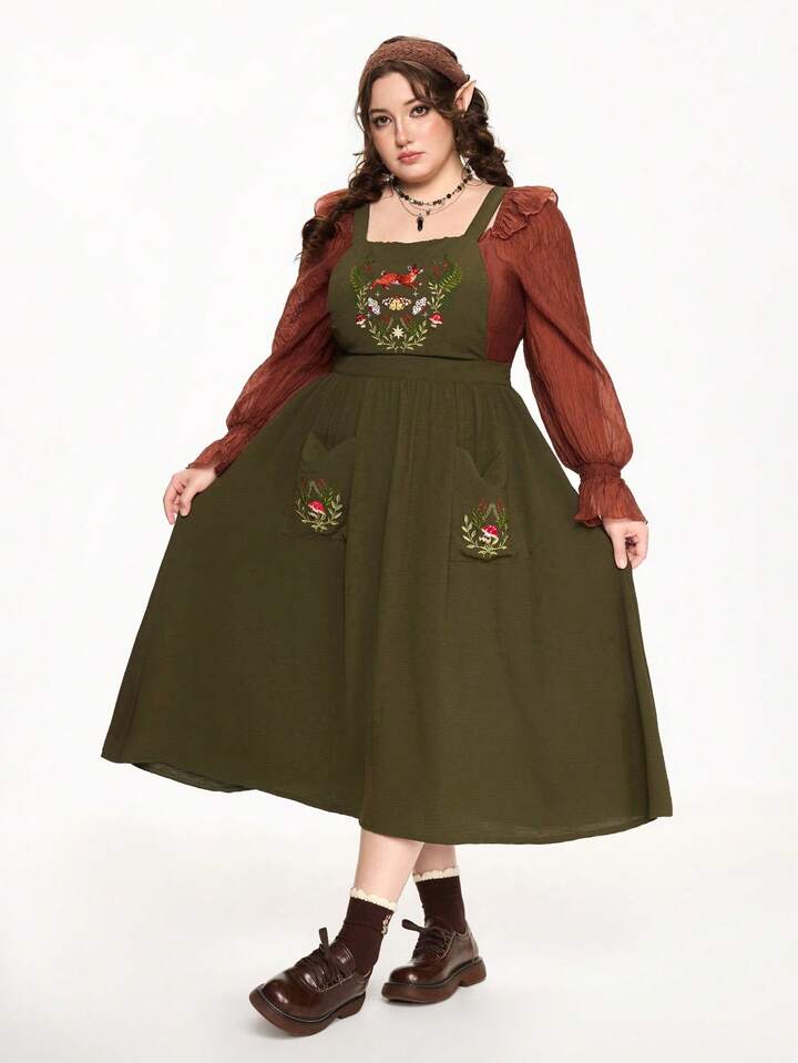 Fairycore Plus Size Sleeveless Square Neck Cute Rabbit Embroidery Waist Pocket Dress 5 Fairycore Plus Size Sleeveless Square Neck Cute Rabbit Embroidery Waist Pocket Dress