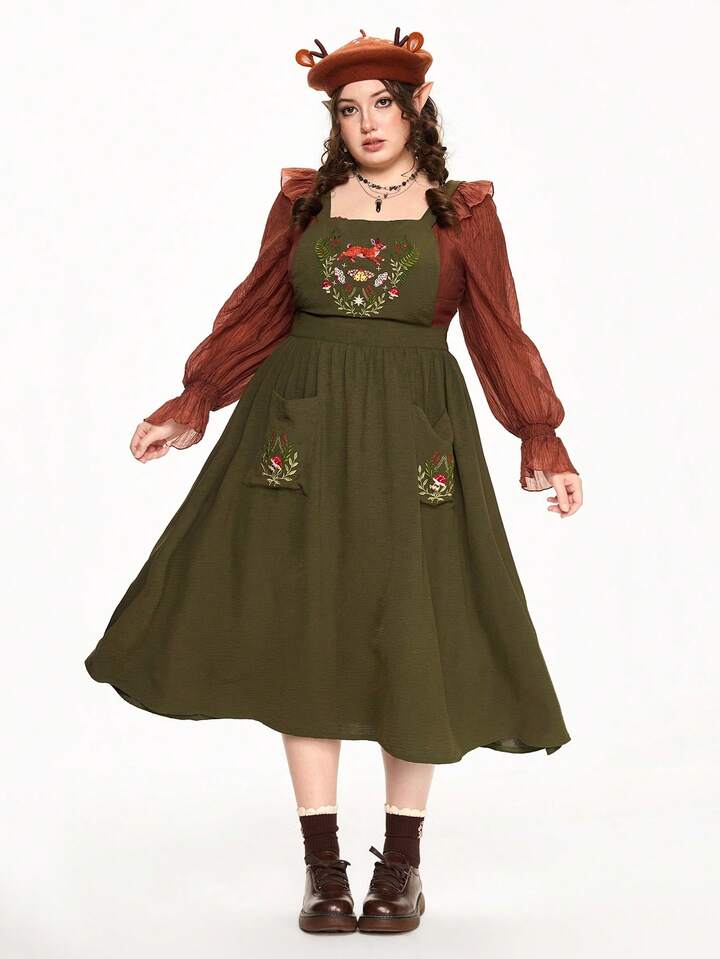 Fairycore Plus Size Sleeveless Square Neck Cute Rabbit Embroidery Waist Pocket Dress 6 Fairycore Plus Size Sleeveless Square Neck Cute Rabbit Embroidery Waist Pocket Dress