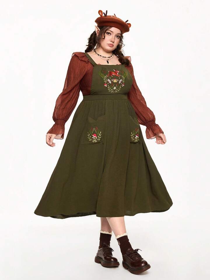 Fairycore Plus Size Sleeveless Square Neck Cute Rabbit Embroidery Waist Pocket Dress 7 Fairycore Plus Size Sleeveless Square Neck Cute Rabbit Embroidery Waist Pocket Dress