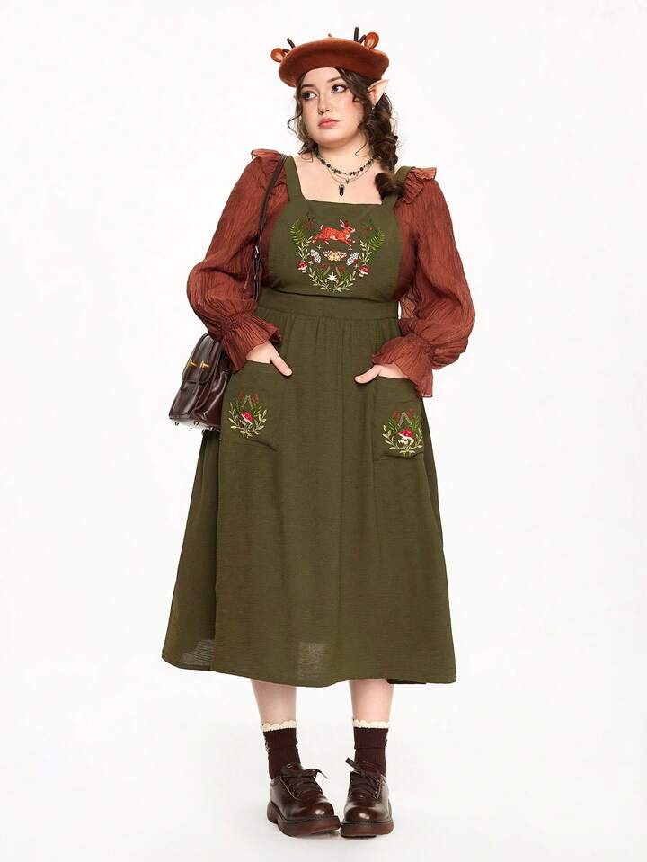 Fairycore Plus Size Sleeveless Square Neck Cute Rabbit Embroidery Waist Pocket Dress 8 Fairycore Plus Size Sleeveless Square Neck Cute Rabbit Embroidery Waist Pocket Dress