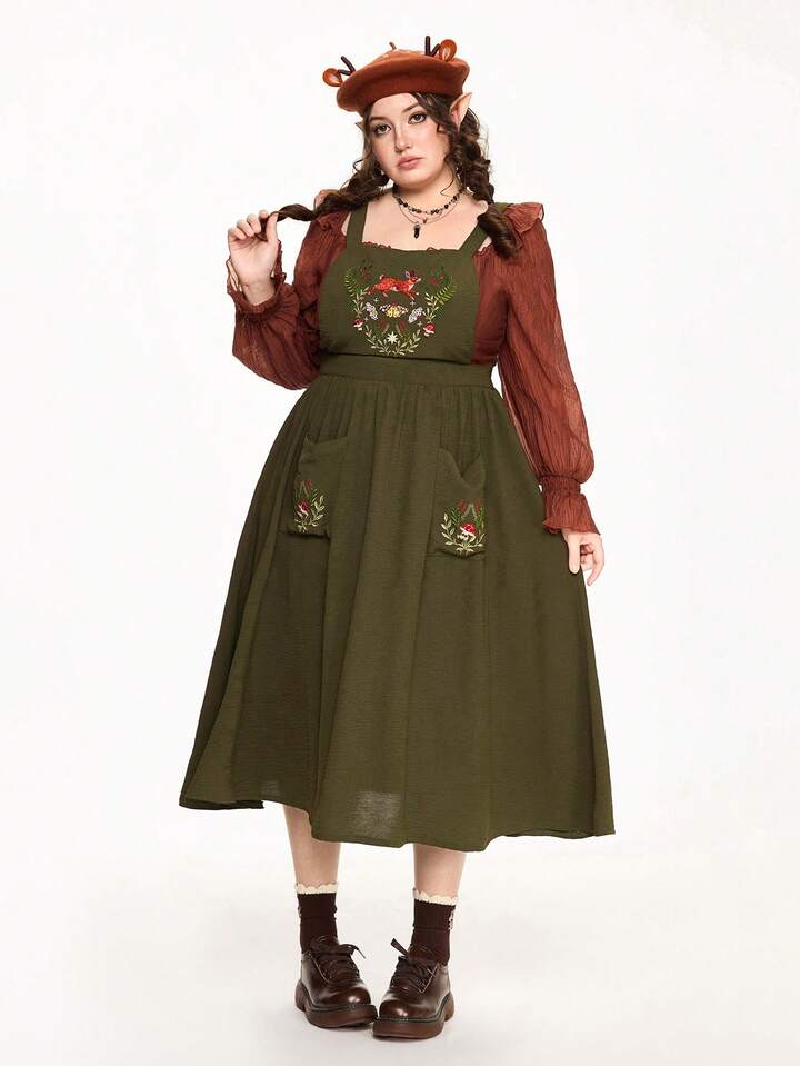 Fairycore Plus Size Sleeveless Square Neck Cute Rabbit Embroidery Waist Pocket Dress 9 Fairycore Plus Size Sleeveless Square Neck Cute Rabbit Embroidery Waist Pocket Dress
