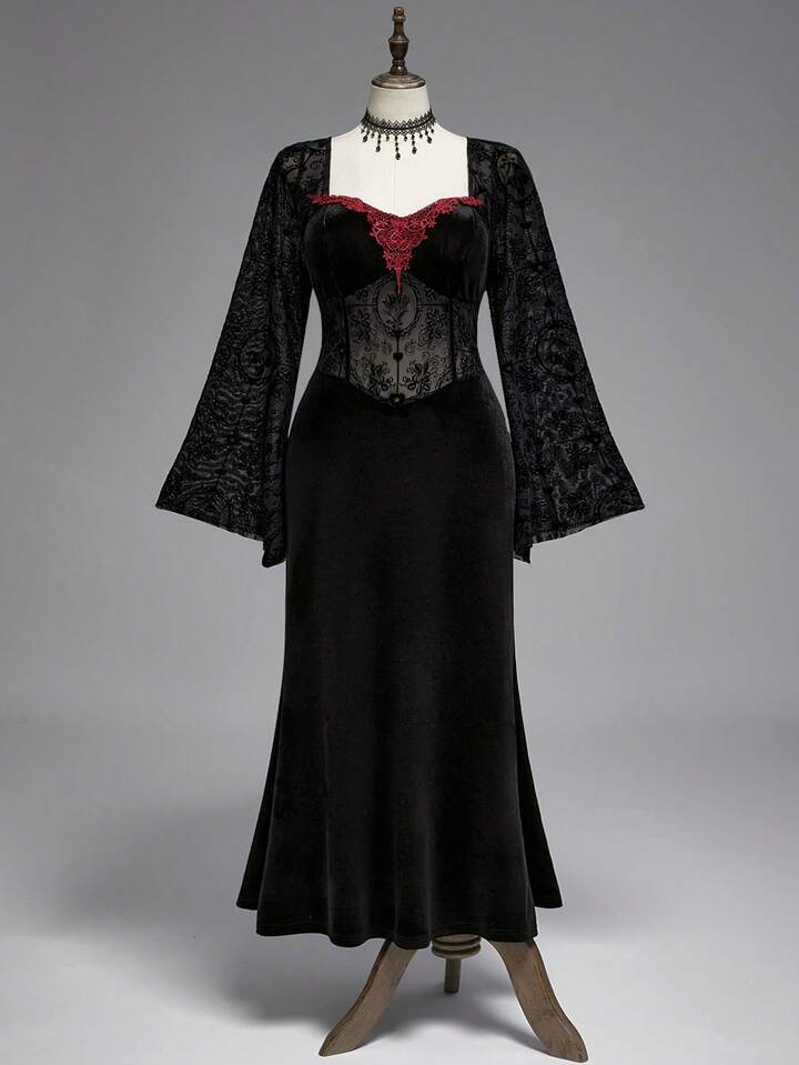 Plus Size Gothic Style Luxurious Velvet Mermaid Hem Bell Sleeve Rose Floral Lace Patchwork Dress, Autumn/Winter Plus Size Bell Sleeve Mermaid Hem Dress For Women Party, Banquet, Dinner, Plus Size Autumn/Winter Formal Evening Gown