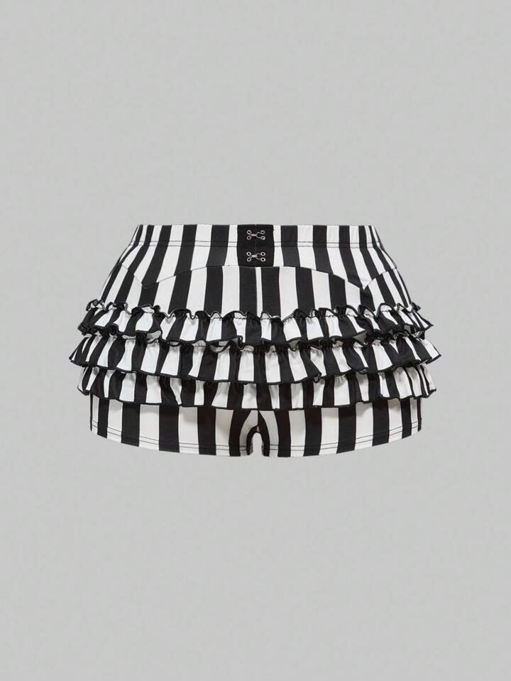 EDITION Plus Size Gothic Black & White Striped Ruffle Hem Shorts, Summer