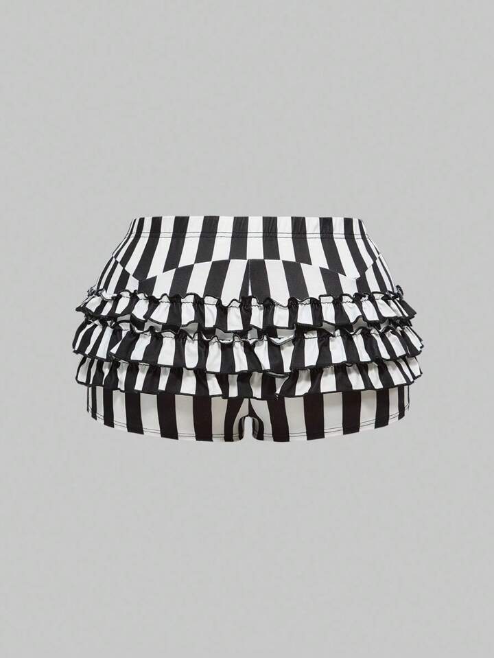 EDITION Plus Size Gothic Black & White Striped Ruffle Hem Shorts, Summer