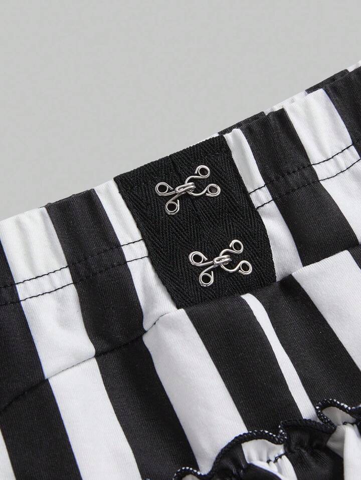 EDITION Plus Size Gothic Black & White Striped Ruffle Hem Shorts, Summer