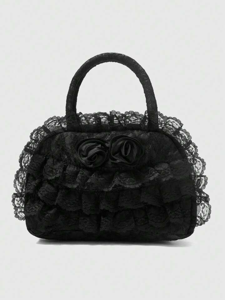 Goth Solid Color Lace Patchwork Fashion Black Handbag, Suitable For Commuting And Travel