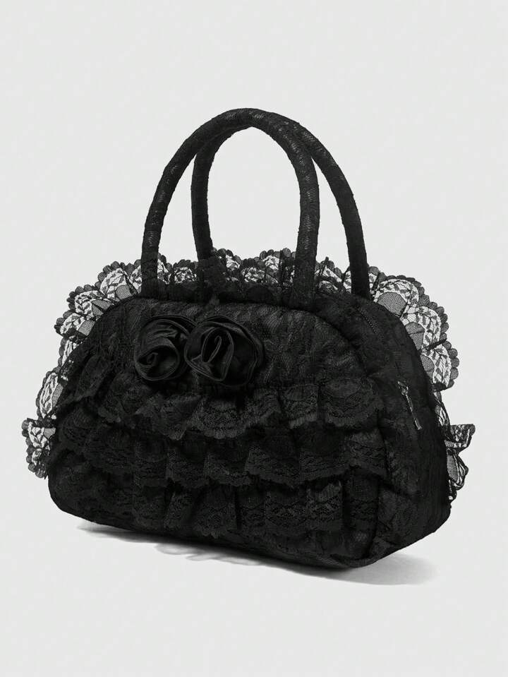 Goth Solid Color Lace Patchwork Fashion Black Handbag, Suitable For Commuting And Travel
