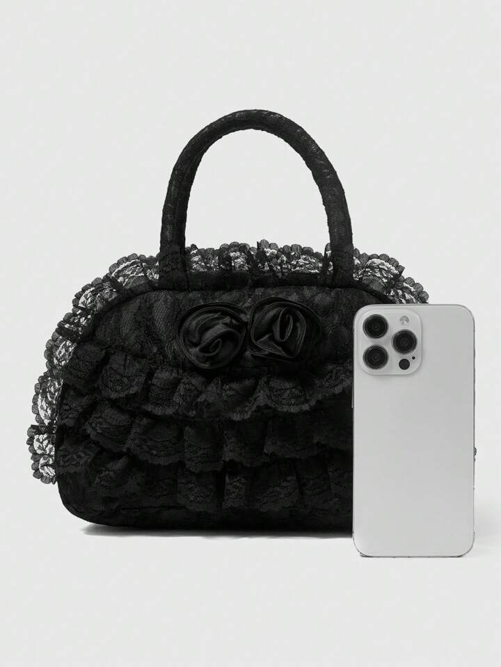 Goth Solid Color Lace Patchwork Fashion Black Handbag, Suitable For Commuting And Travel