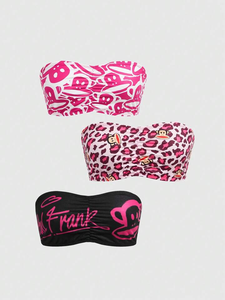 Paul Frank X ROMWE 3pcs Leopard Print Monkey Design Bandeau Bras