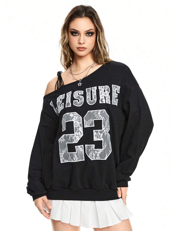 1pc Women's American Sports-Style Y2K Lace Letter Embroidery Asymmetric Shoulder Tie Knot Tee, 100% Cotton