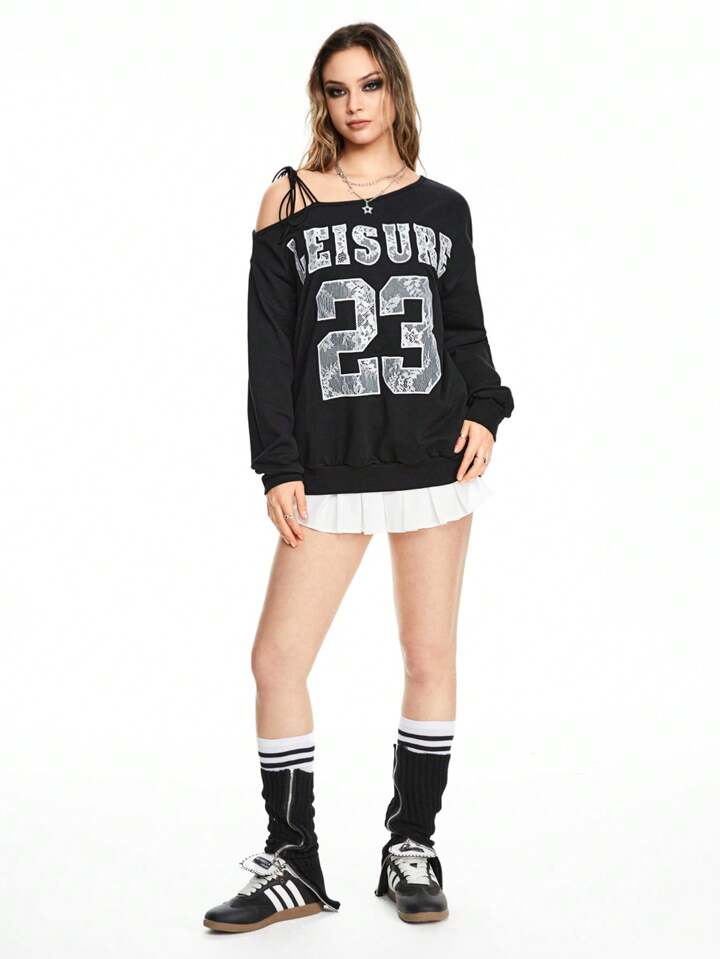 1pc Women's American Sports-Style Y2K Lace Letter Embroidery Asymmetric Shoulder Tie Knot Tee, 100% Cotton