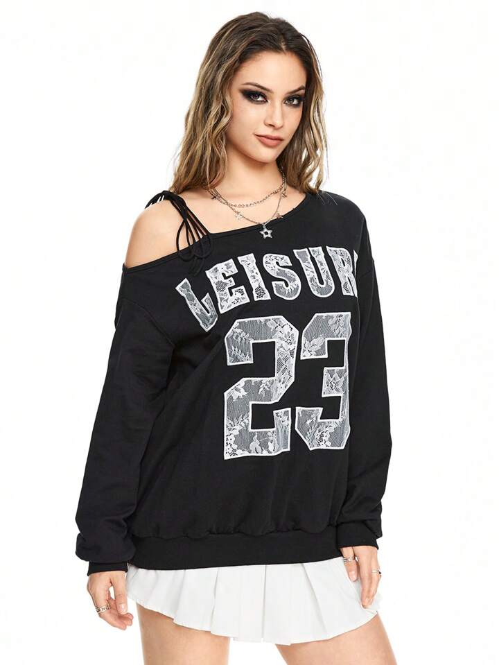 1pc Women's American Sports-Style Y2K Lace Letter Embroidery Asymmetric Shoulder Tie Knot Tee, 100% Cotton