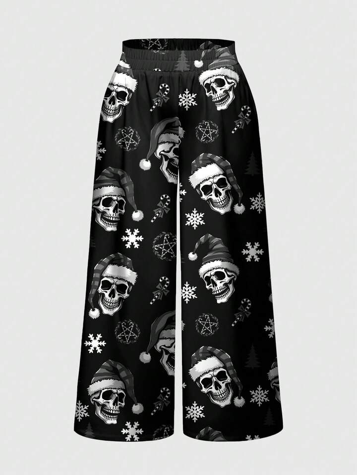Plus Size Skeleton, Red & Pink Reindeer Christmas Print Loose Wide Leg Pants