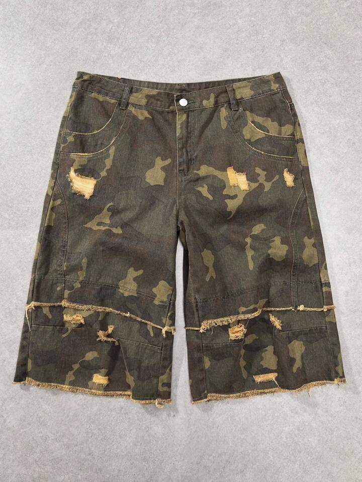 Street Life Men's Camouflage Print Pocket Distressed Hem Casual Jeans