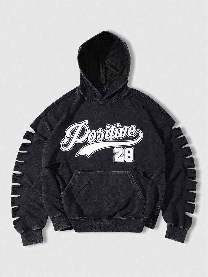 Men's Casual Letter Print Distressed Hoodie