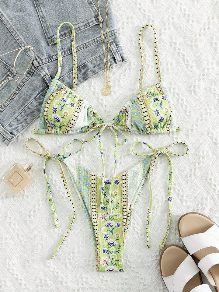 Summer Beach Paisley & Ditsy Floral Tie Side Bikini Set