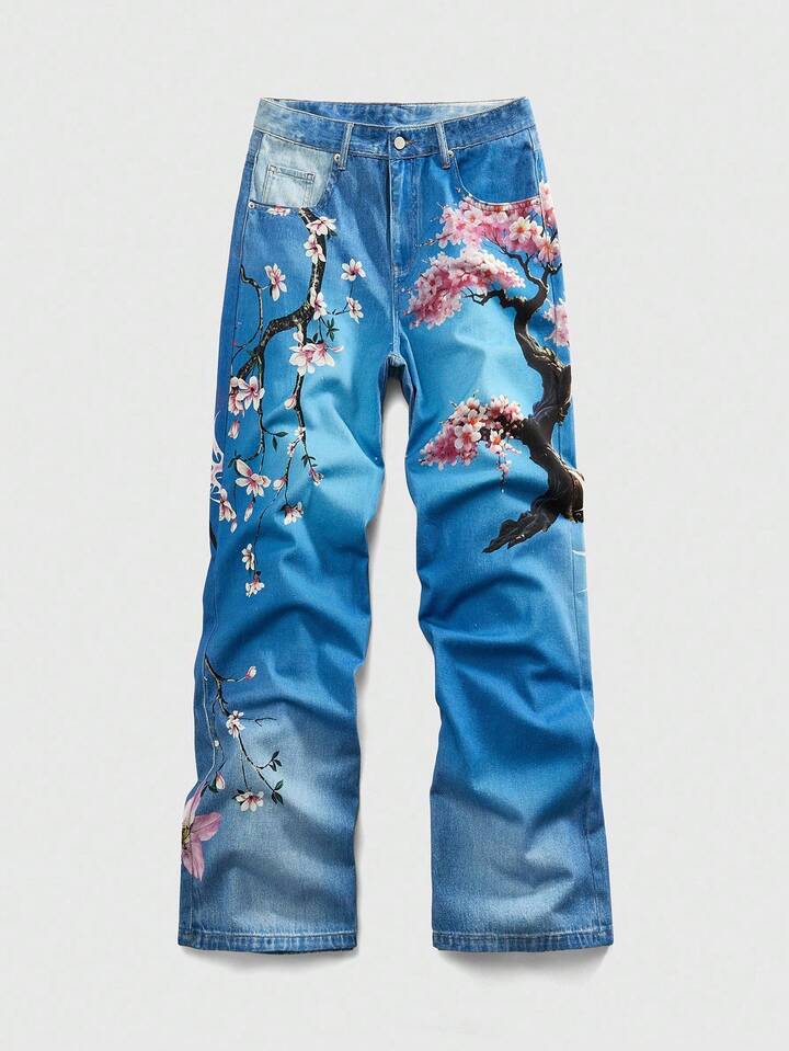 Anime Men's Casual Loose Fit Tree Print Pocket Wide Leg Jeans