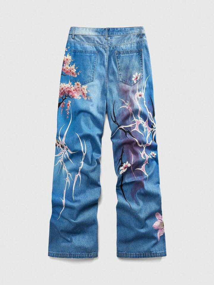 Anime Men's Casual Loose Fit Tree Print Pocket Wide Leg Jeans