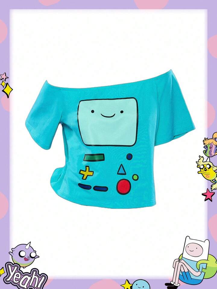 Adventure Time X ROMWE Off-Shoulder Funny Cartoon Print Women Short Sleeve T-Shirt