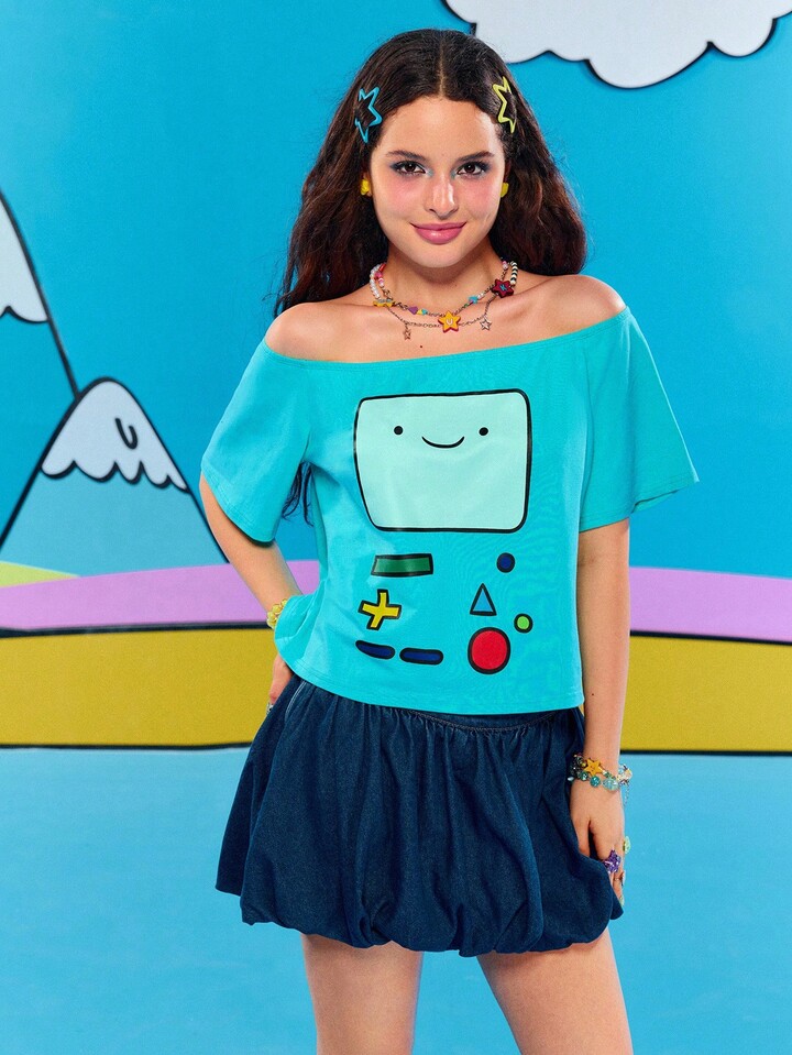 Adventure Time X ROMWE Off-Shoulder Funny Cartoon Print Women Short Sleeve T-Shirt