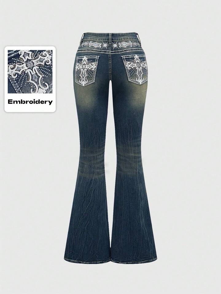 Grunge Punk Y2K Vintage Crop Flare Low Waist Jeans For Women With Cross Embroidery Pockets