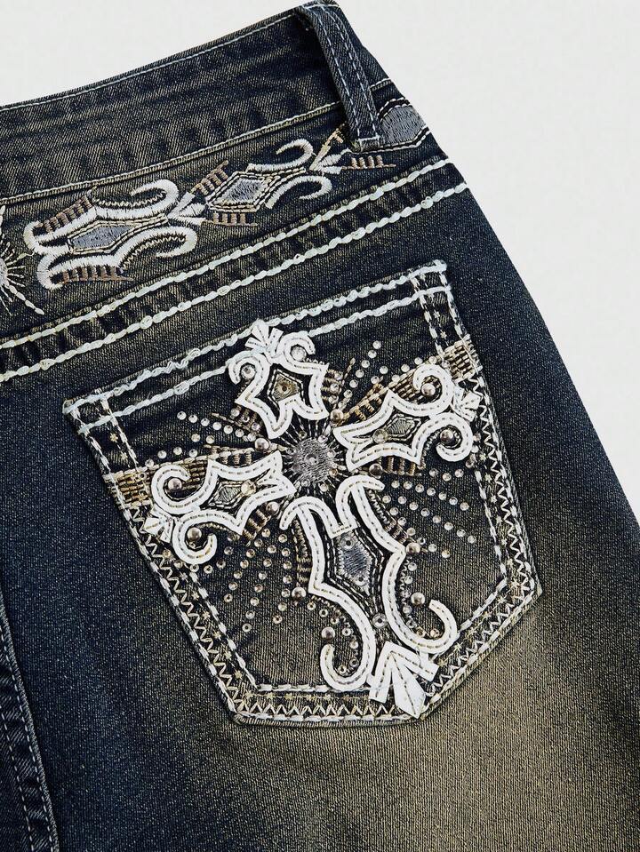 Grunge Punk Y2K Vintage Crop Flare Low Waist Jeans For Women With Cross Embroidery Pockets 3 Grunge Punk Y2K Vintage Crop Flare Low Waist Jeans For Women With Cross Embroidery Pockets