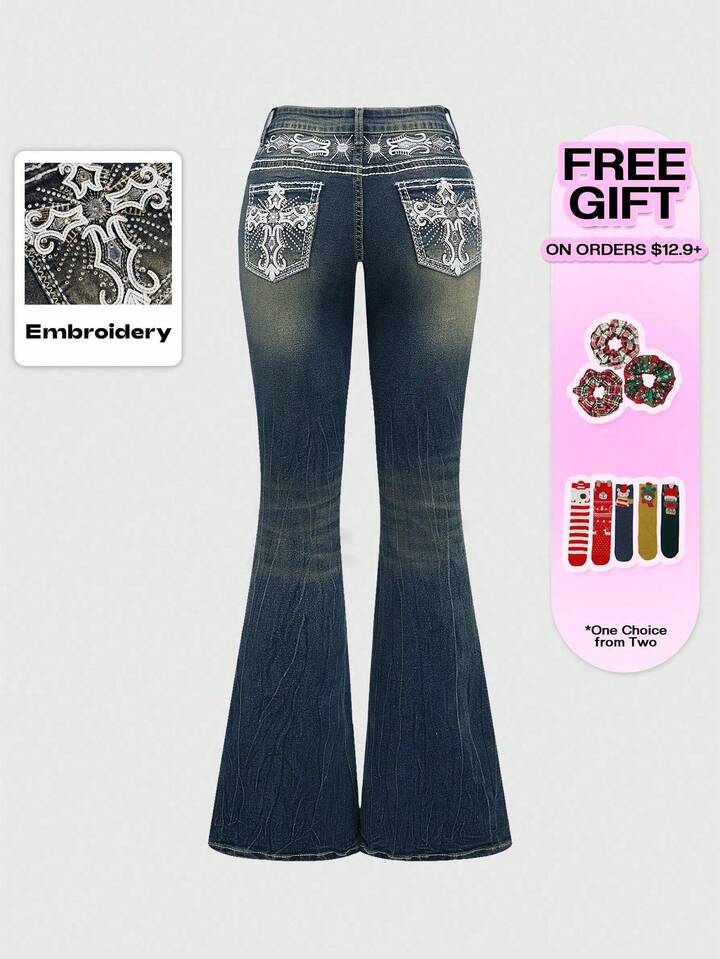 Grunge Punk Y2K Vintage Crop Flare Low Waist Jeans For Women With Cross Embroidery Pockets 4 Grunge Punk Y2K Vintage Crop Flare Low Waist Jeans For Women With Cross Embroidery Pockets