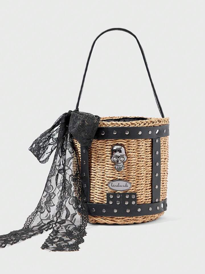 Goth Women's Fashion Contrast Color Skull Decor Woven Shoulder Bag, Halloween Bags Perfect For Fancy Party Matching With Halloween Costumes
