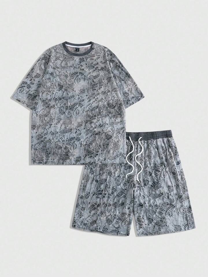 Grunge Punk Men's Distressed Tie-Dye Ripped T-Shirt And Shorts Set, Vintage Rugged Streetwear