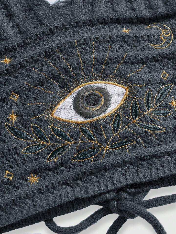 Boho Style Summer Women Top, Hippie Vacation Inspired Eye, Moon And Star Embroidery Blue Green Knit Sweater