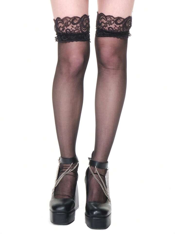 Goth 1 Pair Ballerina Style Pink Lace Trim Thigh High Stockings, Sexy Lace Patchwork Sheer Elastic Tights