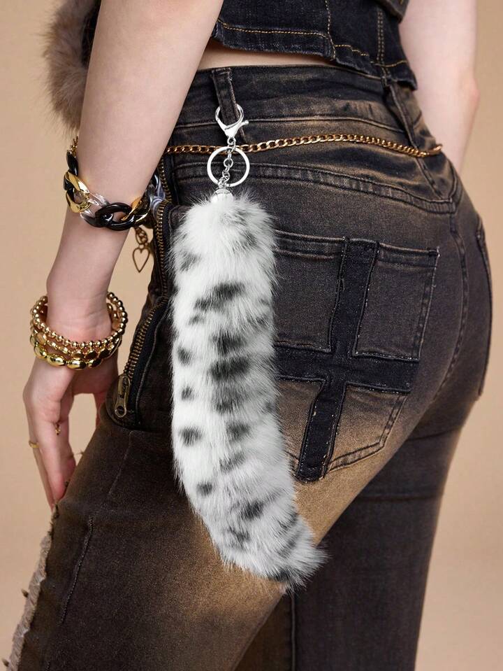 Goth 1pc Y2K Retro Stylish Minimalist Casual Sweet High-Quality High-Appearance Fluffy Plush Black & White Leopard Print, Deer Print, Fox Print, Wolf Tail, Cartoon Fox Tail, Big Tail DIY Keychain Bag Charm Accessory, Suitable For Cosplay, Daily Wear, Gift