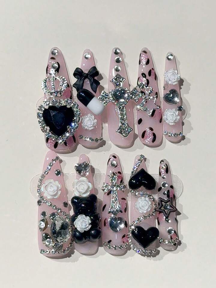 Anime 10 Pieces Of Cute Rose, Bow, Bear, Star Elements Handmade Fake Nail Pieces + 3 Pieces Of Double-Sided Tape, Y2K Cat Eye Gel Nails,Removable And Reusable Long Almond Press On Nails, Suitable For Four Seasons Holiday Parties, Proms And Daily Wear