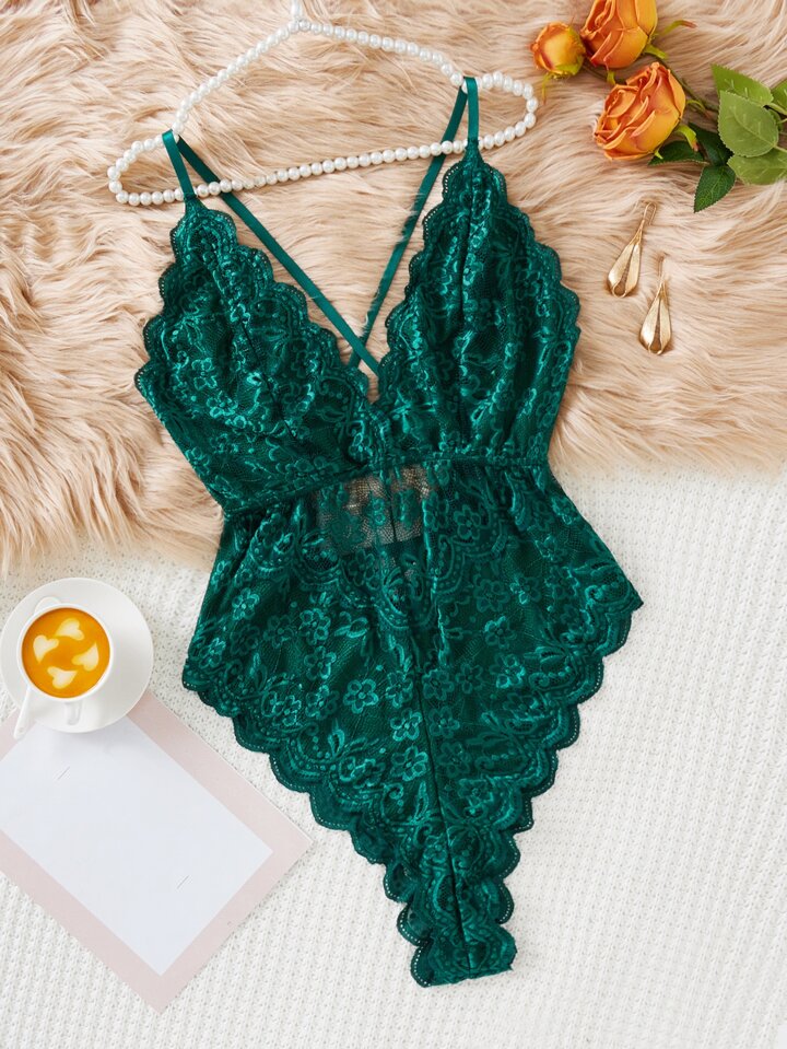 Plus Floral Lace Scallop Trim Cross Back Teddy Bodysuit