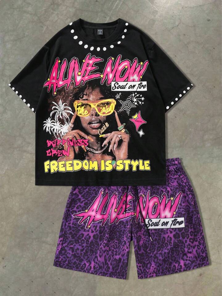 Street Life Street Style, Leopard Print Purple Shorts Matched With Diamond Pattern Black T-Shirt