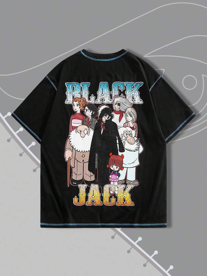 Black Jack X ROMWE Men's Casual Fashionable Street Cartoon Character & Letter Print Contrast Stitch Short Sleeve T-Shirt, Summer