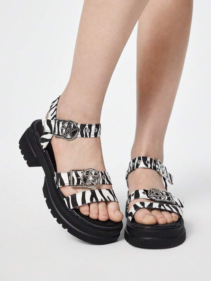 Women's Summer Open Toe Dark Rock Punk Goth Roman Beach Sandals, Star Strap Platform Wedge Sandals Spring Shoes Spring Break Easter, Halloween For Christmas