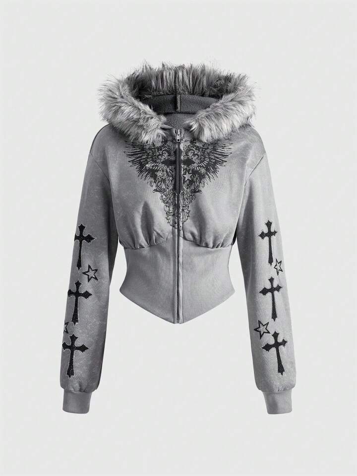 Grunge Punk Kpop Vintage Street Style Cross Rhinestone Vine Fur Collar Sexy Low-Cut Zipper Waist Long Sleeve Sweatshirt, Lily Flower Rhinestone Distressed Sweatshirt For Women, Autumn/Winter
