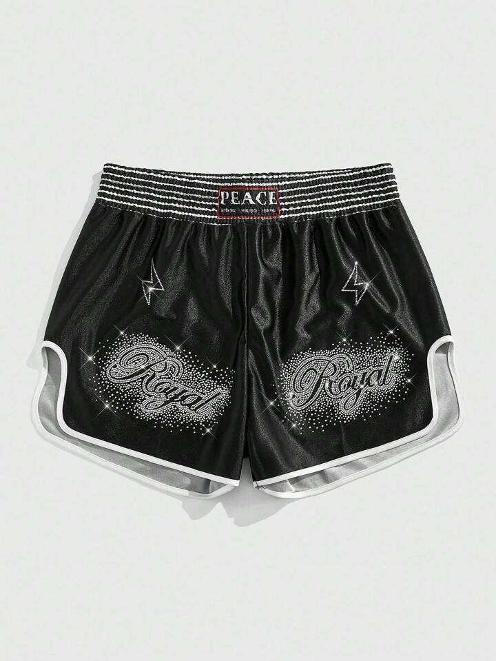 Prep Casual Summer Fashion Rhinestone Decor Elastic Waist Loose Men's Shorts
