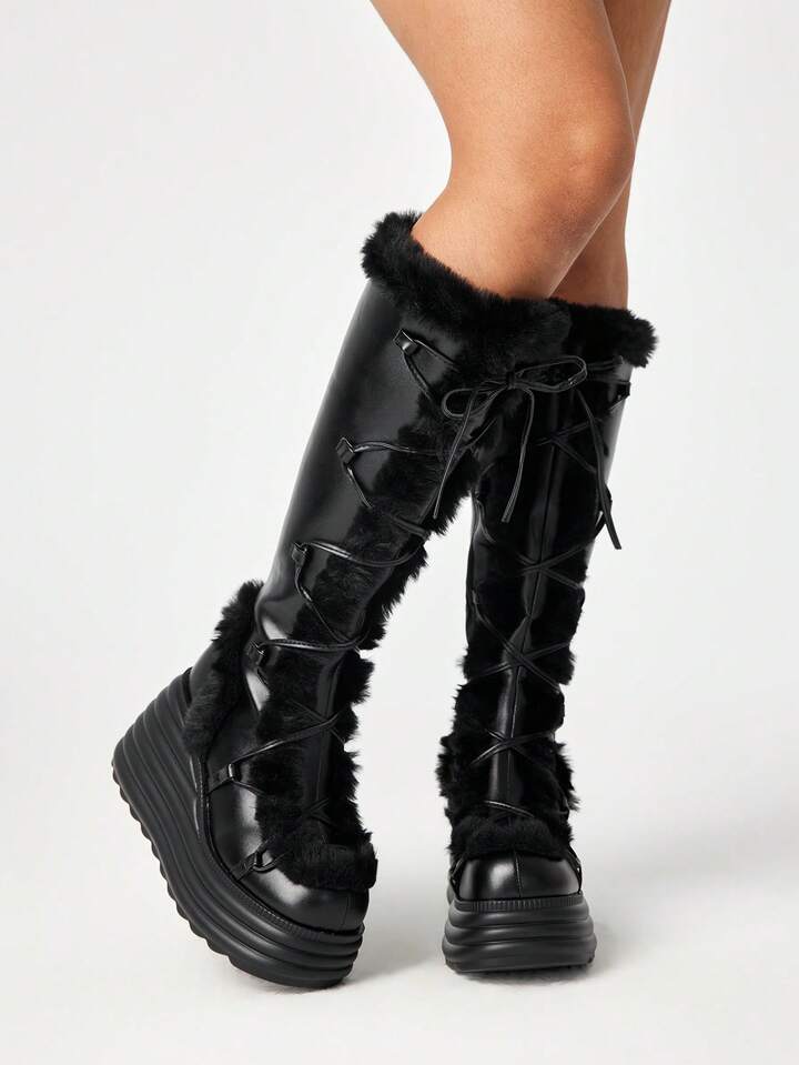 Women's Round Toe Punk Lace-Up Side Zipper Platform Thick Sole Boots With Fur Lining, Outdoor Fashion Over-The-Knee Boots, Autumn/Winter New Arrival For Christmas