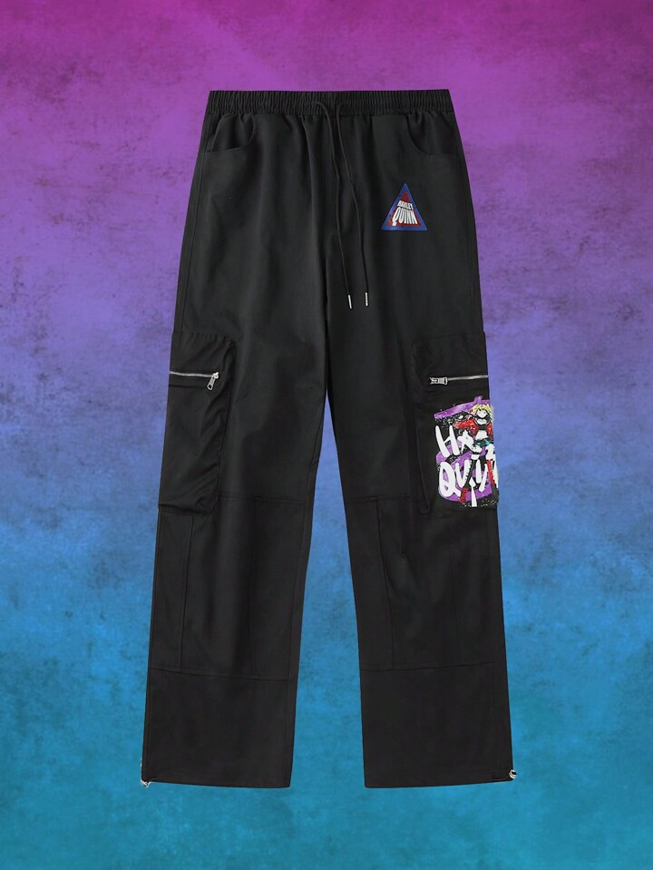 Harley Quinn | ROMWE Men Street Fashion Cartoon Character & Letter Print Drawstring Waist Zip Flap Pocket Baggy Cargo Pants