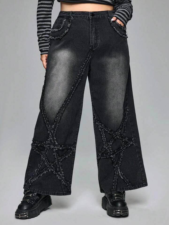 Goth Plus Size Women Casual Grunge-Punk Distressed Five-Pointed Star Washed Loose Straight Leg Jeans, Vintage Wash Denim Pants For Autumn/Winter